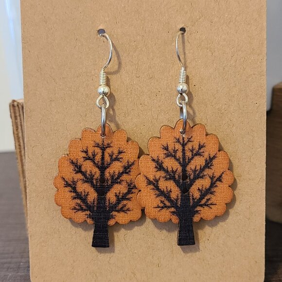 Handcrafted Orange‎ Tree Wooden Dangle Drop Earrings NEW Fashion Outdoors 1.5" - Picture 2 of 4